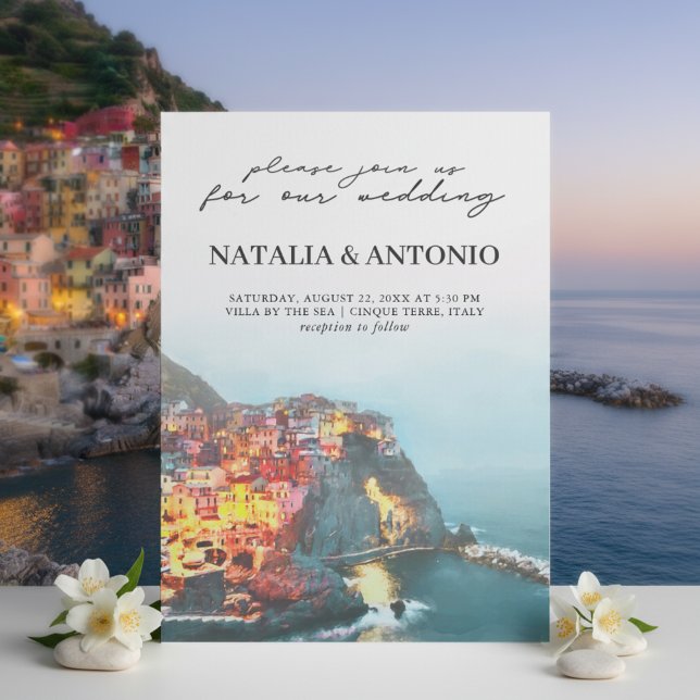 Convites Mar de Itália | Casamento Cinque Terre Watercolor (Criador carregado)