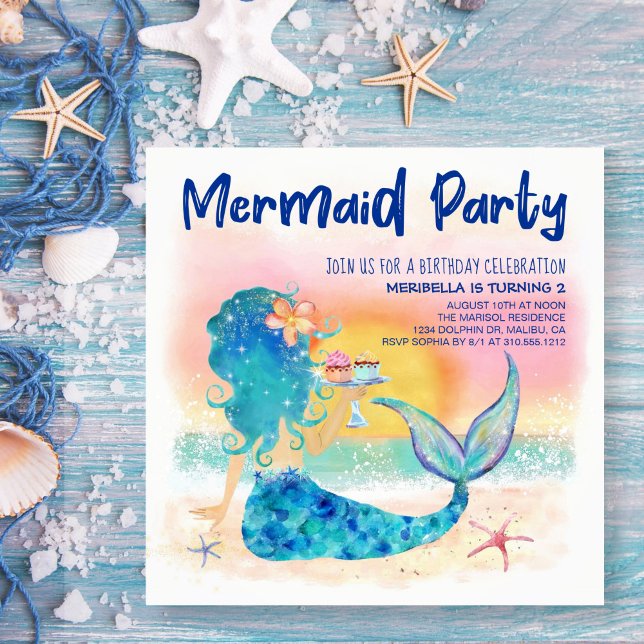 Convites Mar de Mermaid | Cupcakes de praia e Starfish Aniv (Criador carregado)