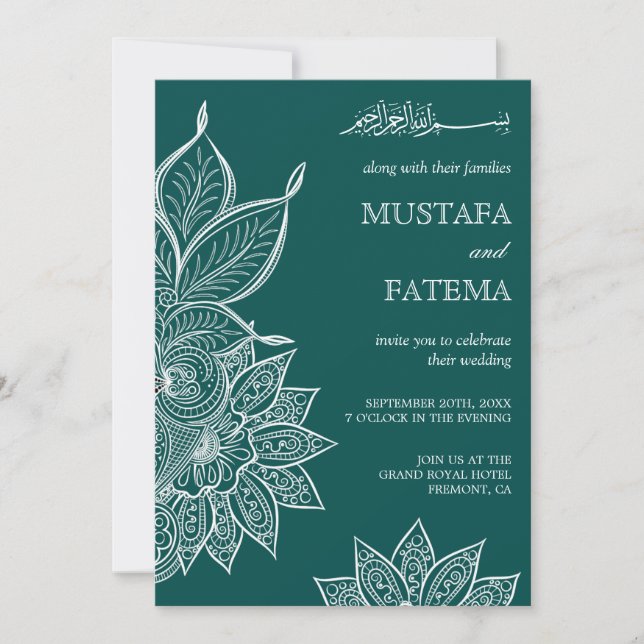 Convites Mar Verde Mehendi Henna Casamento Islâmico (Frente)