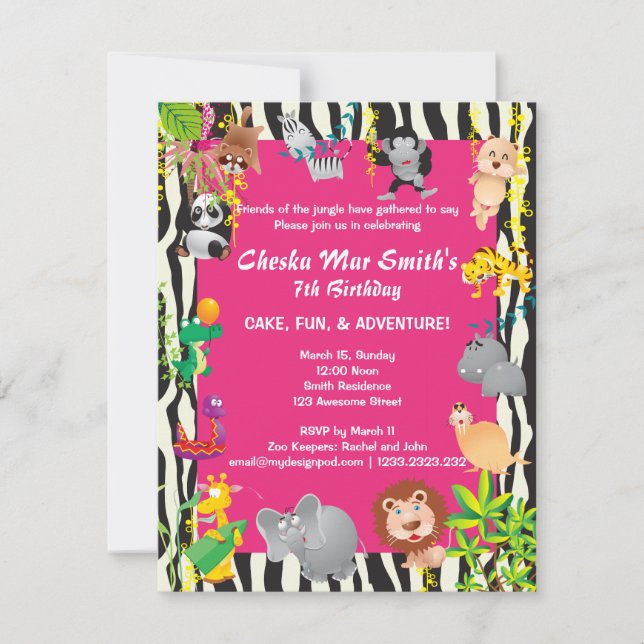 Convites Maravilha rosa Safari na Zebra (Frente)