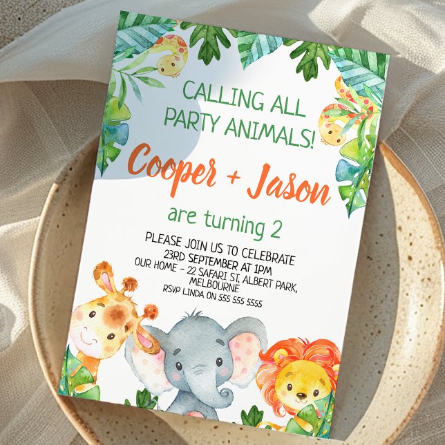 Convites Maravilhas Verdes Laranja Animais do Partido Safar (Twin Boys Safari Birthday Invitation, Jungle Animals Birthday Invite For Twin Boys Joint Birthday )