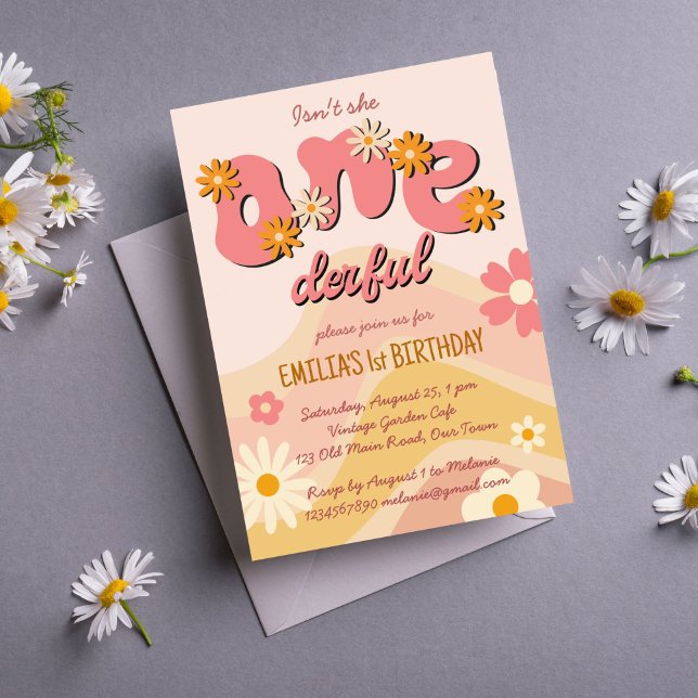 Convites Maravilhoso rancho um aniversário retrô de margari (Onederful groovy one retro daisy 1st birthday party invitation editable template instant download)