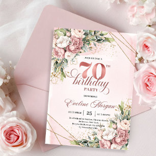 Convites Maravilhoso Rosa Corado Boêmio Floral 70º Aniversá