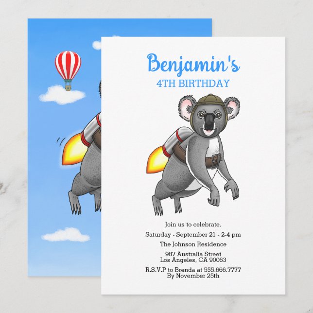 Convites Maravilhoso Urso Koala Foguete (Frente/Verso)