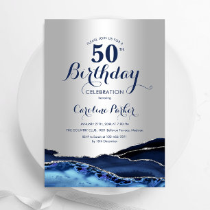 Convites Marble 50th Birthday, mármore azul de Marinho de p