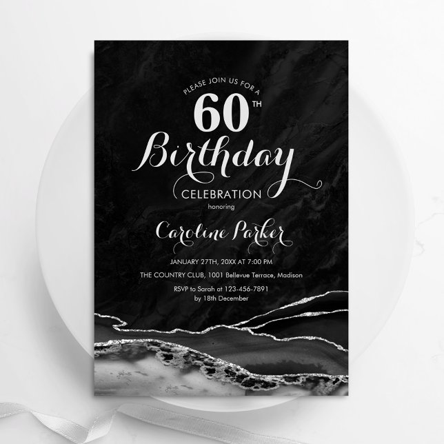 Convites Marble 60º Aniversário do Agato de Prata Preto (Criador carregado)