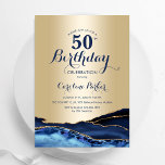 Convites Marble Azul Agate, Marinho Dourado, 50º aniversári<br><div class="desc">Marinho azul e ouro agate 50º convite de aniversário. Elegante design moderno com cor azul-real de água agate marble geode fundo, fonte falsa de ouro brilhante e script de tipografia. Trendy convida o cartão perfeito para uma comemoração de dia das mulheres na moda. Impressos convites Zazzle ou modelo de impressão...</div>