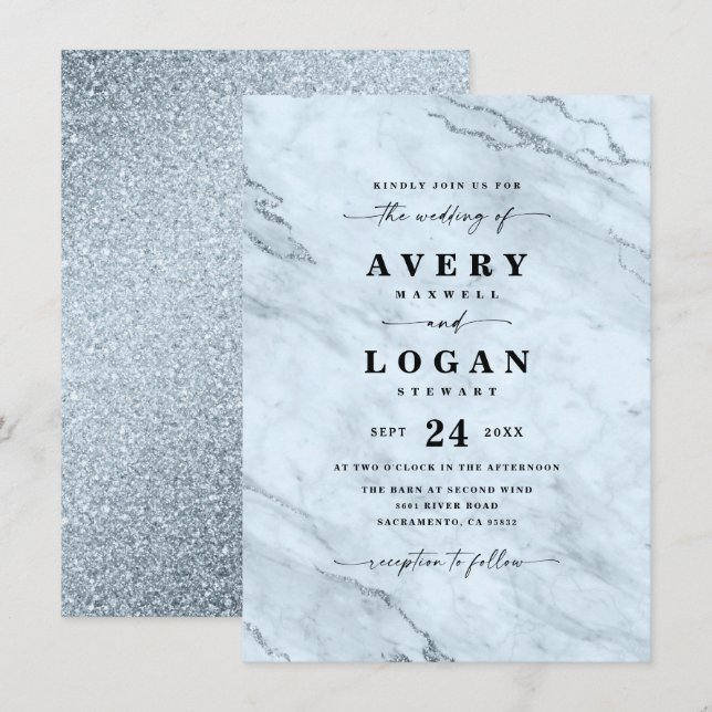 Convites Marble Azul Elegante e Casamento com Largura (Frente/Verso)
