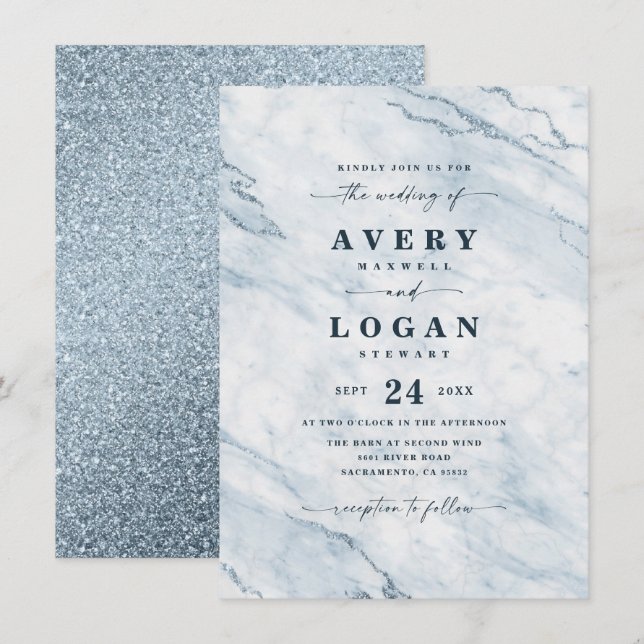 Convites Marble Azul-Luar Elegante e Casamento com Largura (Frente/Verso)