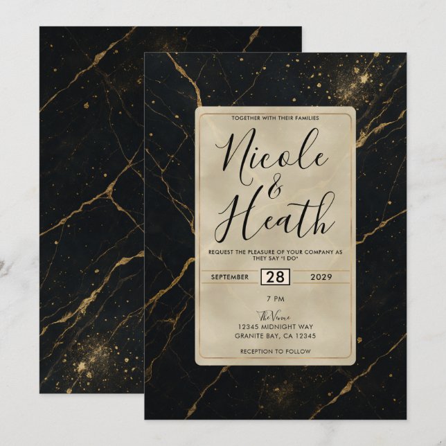 Convites Marble Black e Dourado Casamento da meia-noite Gil (Frente/Verso)