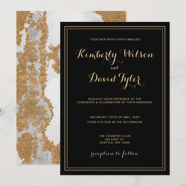 Convites Marble Black e Dourado Weding (Frente/Verso)