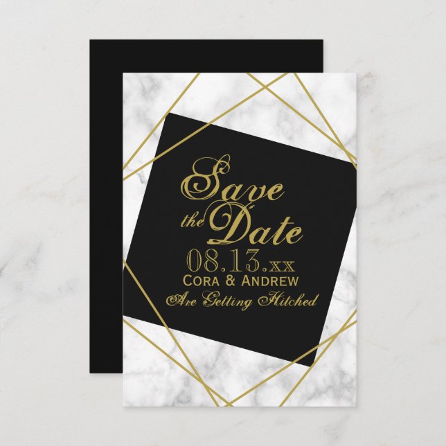 Convites Marble Black e Faux Dourado Salvem a Data Casament (Frente/Verso)