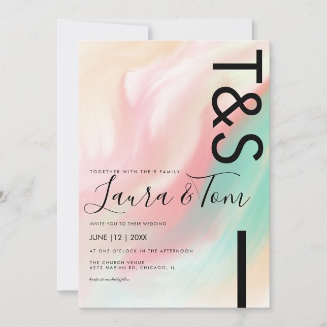 Convites Marble Bold Pink Teal Peach Typografia Casamento I (Frente)