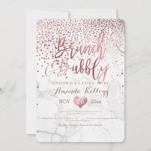 Convites Marble Brunch N Bubbly/Faux Dourado Rosa Confete (Frente)
