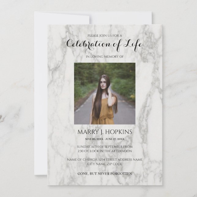 Convites Marble Celebration of Life Invitation with Photo (Frente)