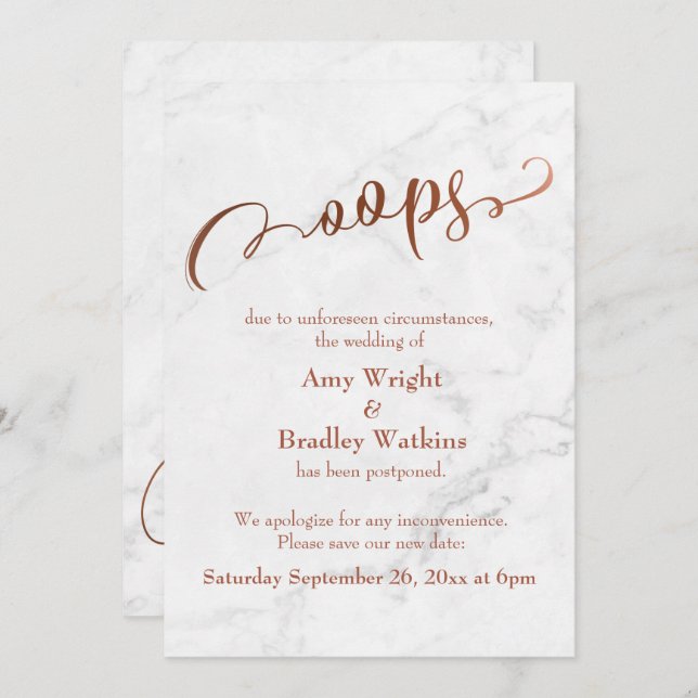 Convites Marble Copper Adiou Casamento "Oops"! Atualizar (Frente/Verso)