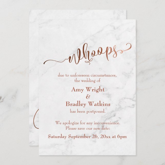 Convites Marble Copper Adiou Casamento "Whoops!" Atualizar (Frente/Verso)