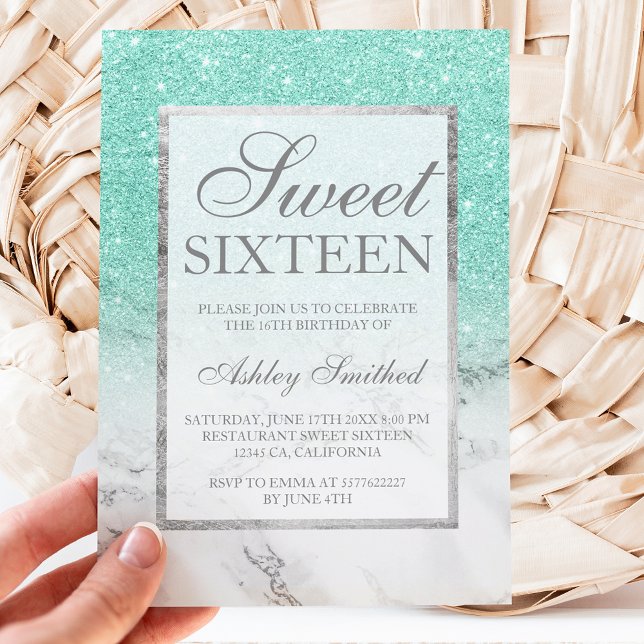 Convites Marble elegante chic Turquoise Sweet 16 (Criador carregado)