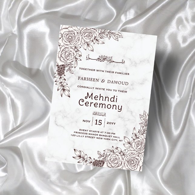 Convites Marble Floral Lace Islâmico Cerimônia de Mehndi (Criador carregado)