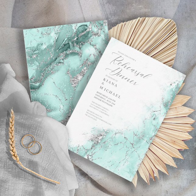 Convites Marble Glitter Retest Teal Silver ID644 (Front/Back In Situ)