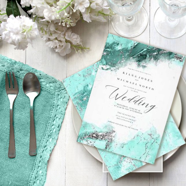 Convites Marble Glitter Wedding Teal Silver ID644 (Criador carregado)