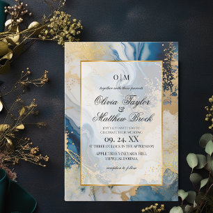 Convites Marble Modern Blue e gold Weding