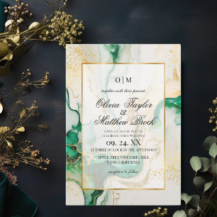 Convites Marble Modern Emerald Green e Casamento de ouro