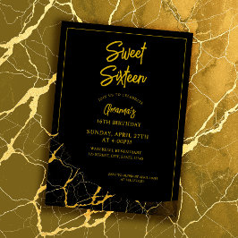 Convites Marble Negro e Dourado em greve Doce 16 Aniversári
