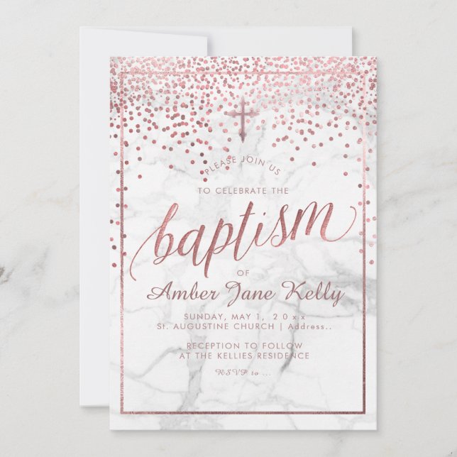 Convites Marble PixDezines+Pontos Dourados/Batismo Rosa Fau (Frente)