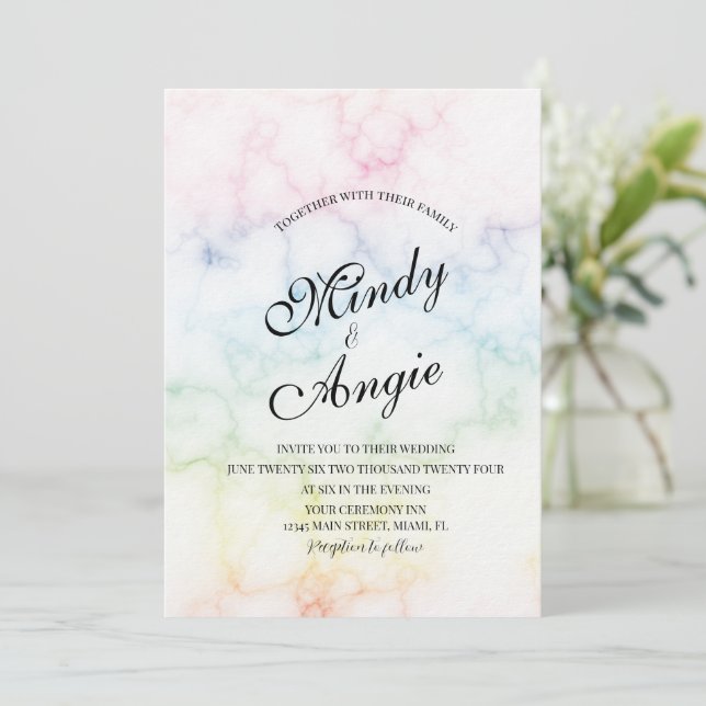 Convites Marble Rainbow Gay Script Wedding (Em pé/Frente)