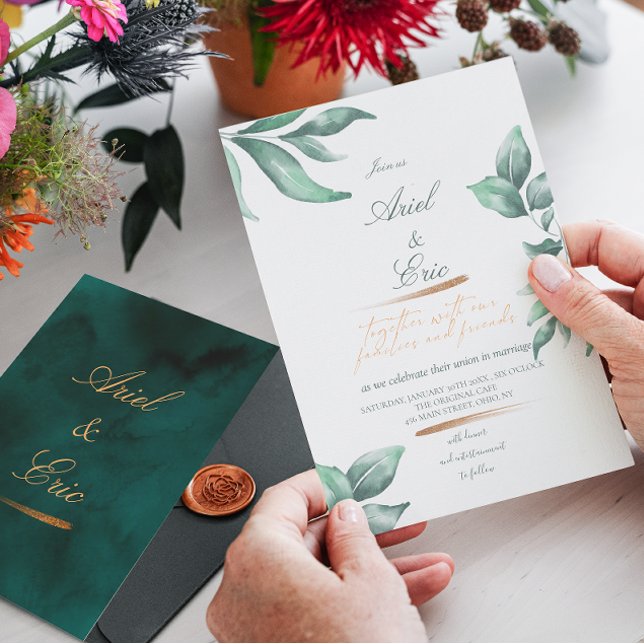 Convites Marble Verde Emerald e Casamento Eucalyptus Dourad (Criador carregado)