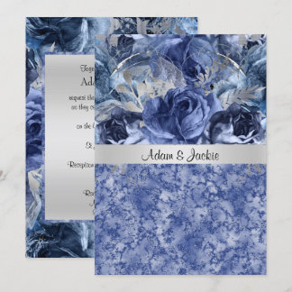 CONVITES MÁRBULO AZUL FLORAL DE CASAMENTO ELEGANTE