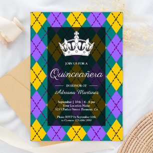 Convites Mardi Gras Amarelo Roxo Argyle Coroa Quinceanera