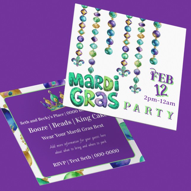 Convites Mardi Gras Beads Party (Personalize the front and reverse of this Mardi Gras Party invitation featuring mardi gras beads)