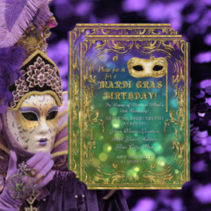 Convites Mardi Gras Birthday Mascarada Mask Bokeh Dourado