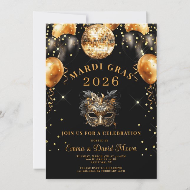 Convites Mardi Gras Black Gold Glitter Masquerade Party (Frente)