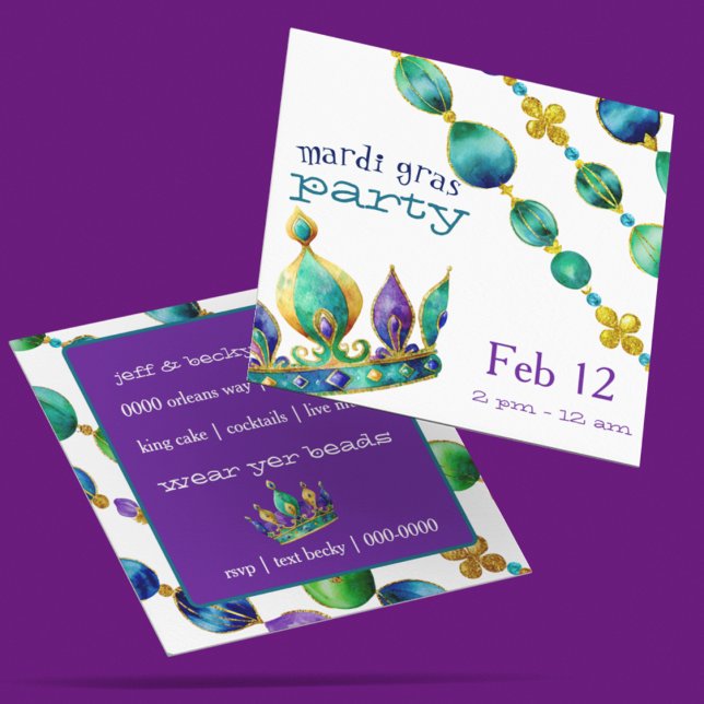 Convites Mardi Gras Crown and Beads Party  (Customize the front and back of these Mardi Gras party invitations.)