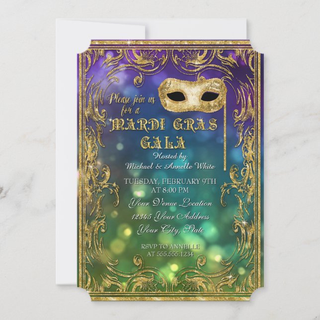 Convites Mardi Gras Gala Mascarada Mask Bokeh Dourado Glitt (Frente)