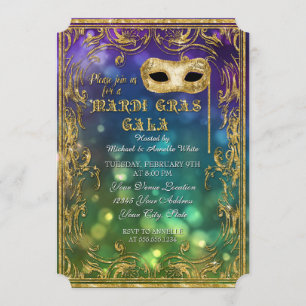 Convites Mardi Gras Gala Mascarada Mask Bokeh Dourado Glitt