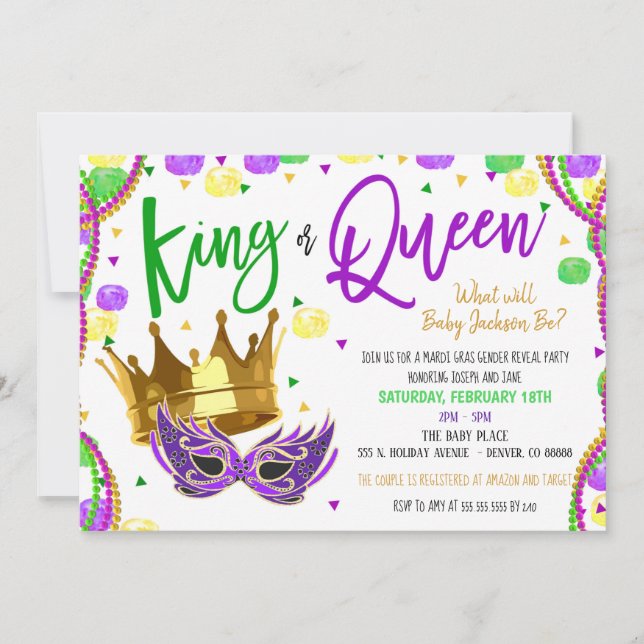 Convites Mardi Gras Gender Reveal Invite (Frente)