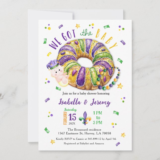 Convites Mardi Gras Gender Reveal Lt Skin Tone Invitation (Frente)