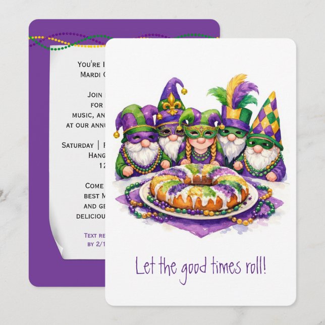 Convites Mardi Gras Gnome with King Cake (Frente/Verso)