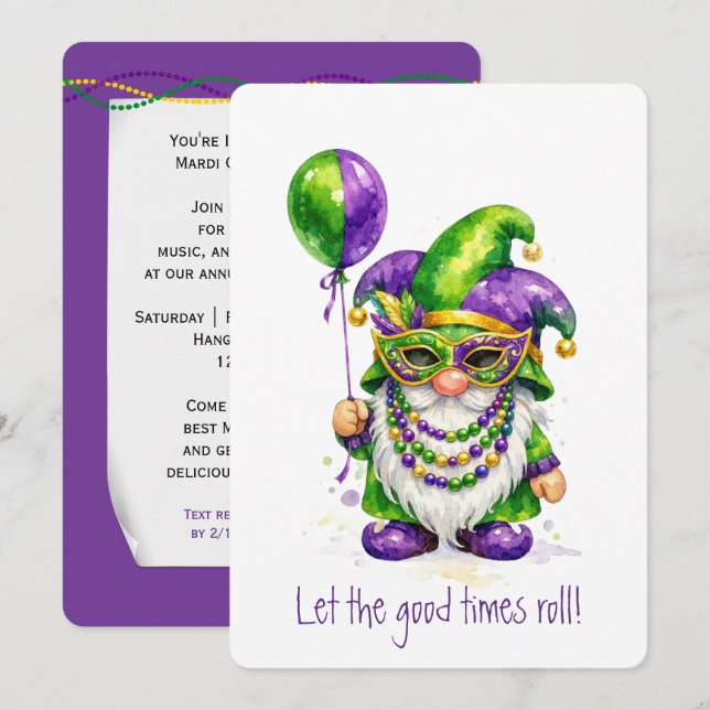 Convites Mardi Gras Gnome with Party Balloon (Frente/Verso)