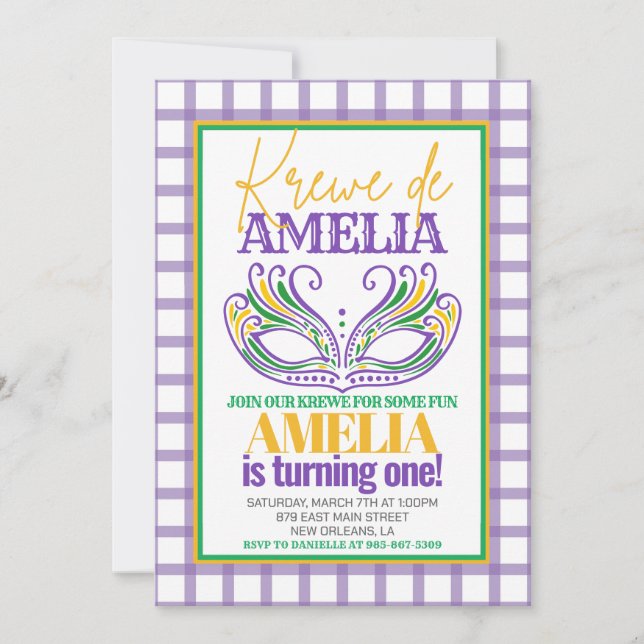 Convites Mardi Gras Krewe First Birday ANY AGE (Frente)