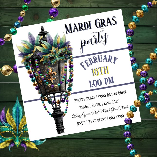Convites Mardi Gras Mask and Gas Lamp with Beads (Customize the front and back of this Mardi Gras Party Invitation )