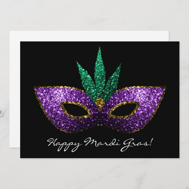 Convites Mardi Gras Mask Purple Green Sparkles Convidam (Frente/Verso)