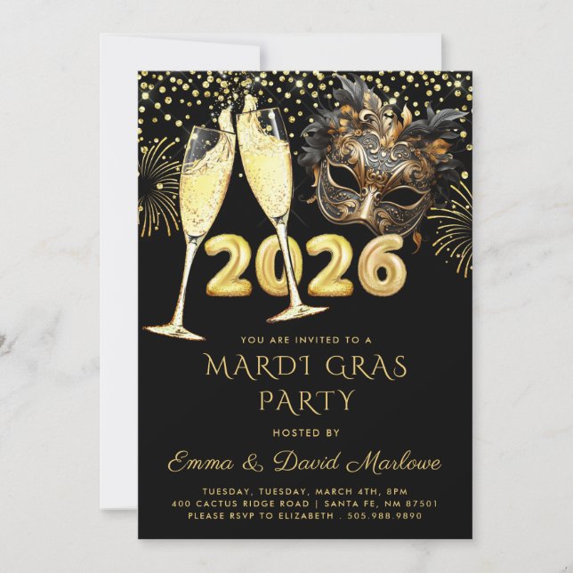 Convites Mardi Gras Party 2026 Black Gold Glitter (Frente)