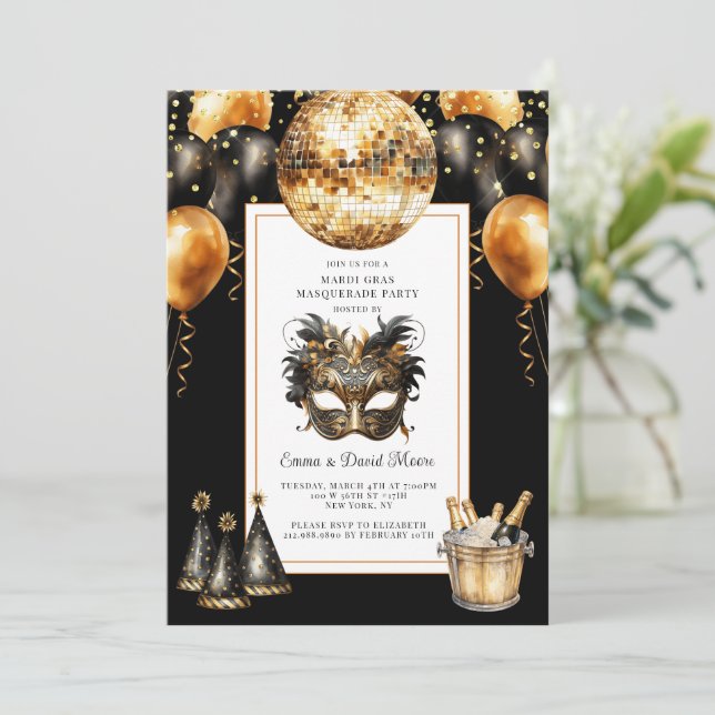 Convites Mardi Gras Preto Dourado Brilho (Em pé/Frente)