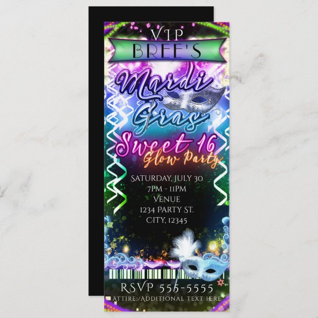 Convites Mardi Gras Rainbow Glow VIP SWEET 16 Festa (Frente/Verso)