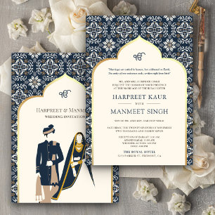 Convites Marfim Azul Naval Padrão Anand Karaj Casamento Sik